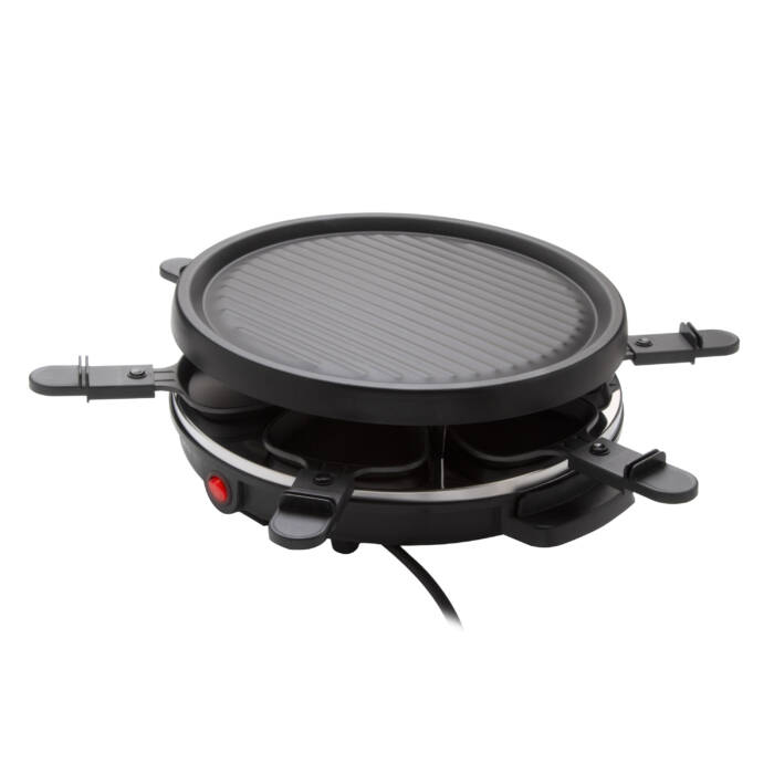 Un grill de raclette negro con sartenes y placa grill acanalada.