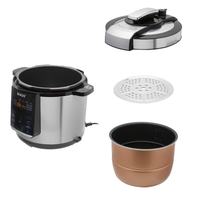 Una pentola a pressione elettrica Sogo con accessori: coperchio, cestello vapore e pentola.