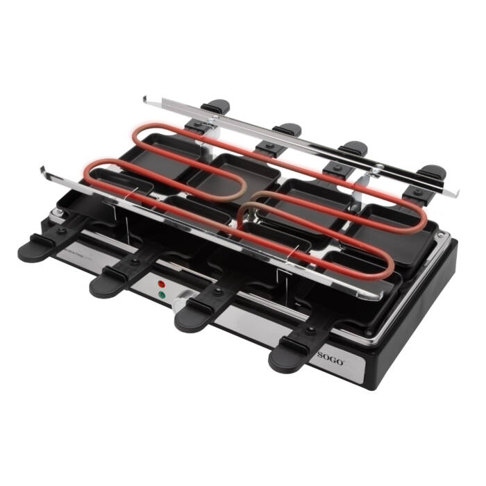 Una parrilla de raclette con espirales de calentamiento rojas y cuatro sartenes.