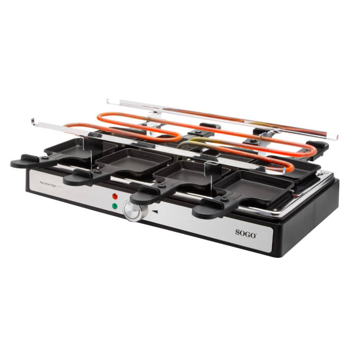 Una parrilla eléctrica de raclette con cuatro sartenes y resistencias.