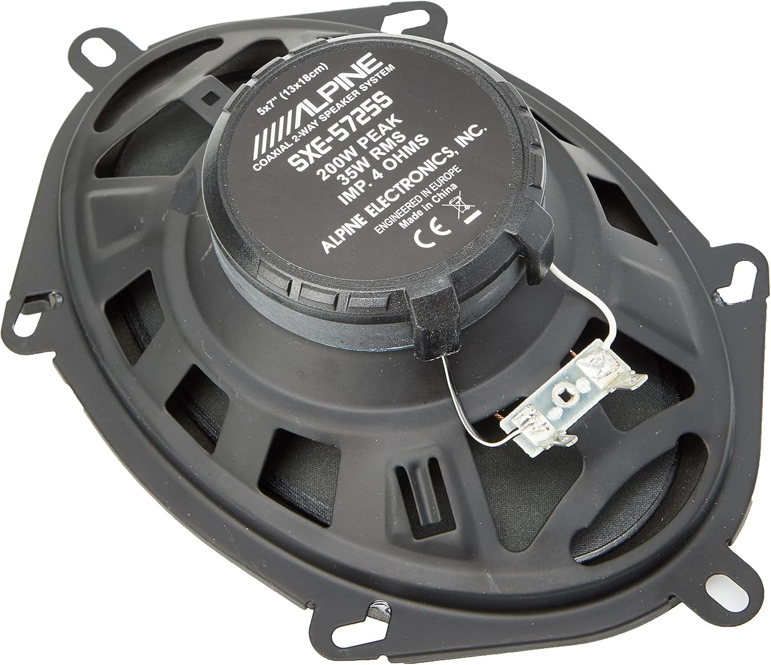Schwarzer Alpine 5x7" Koaxial-Lautsprecher mit Modell SXE-57255 und technischen Daten.