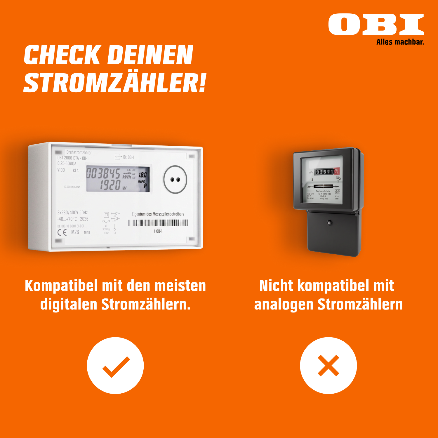 Vergleich von digitalen und analogen Stromzählern mit OBI Logo.