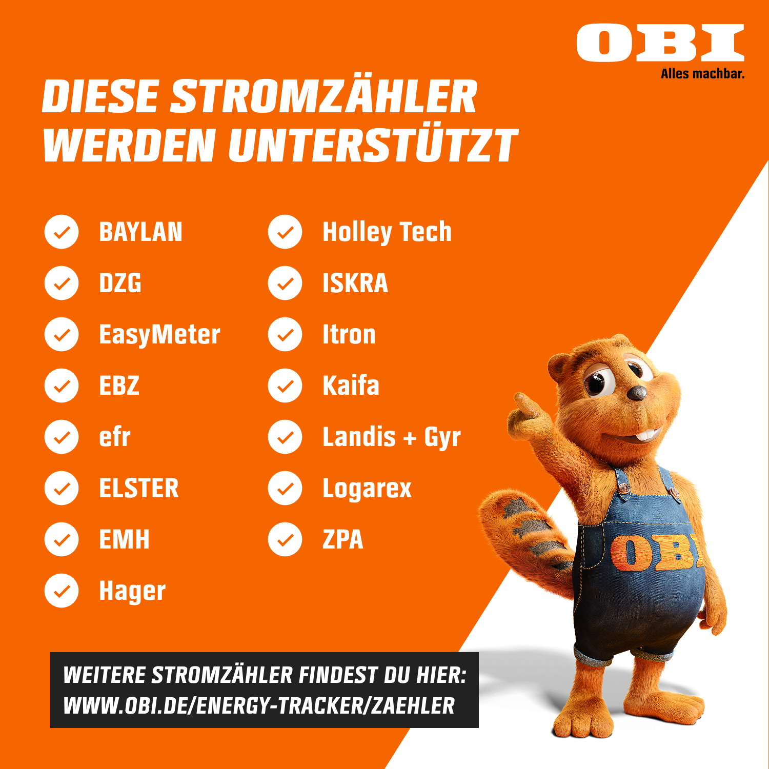 OBI Logo, Text auf orangem Hintergrund listet unterstützte Stromzähler, und Biber-Comicfigur.