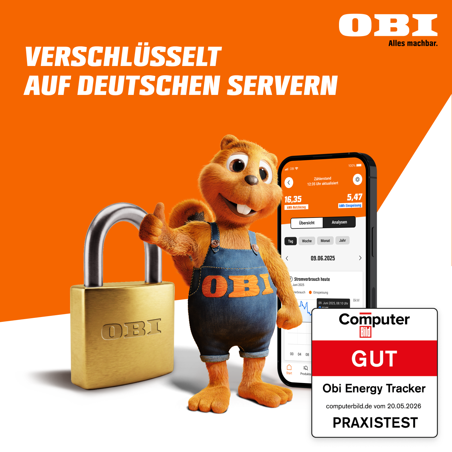 Ein Eichhörnchen mit Latzhose steht neben einem goldenen OBI-Schloss und einem Smartphone.