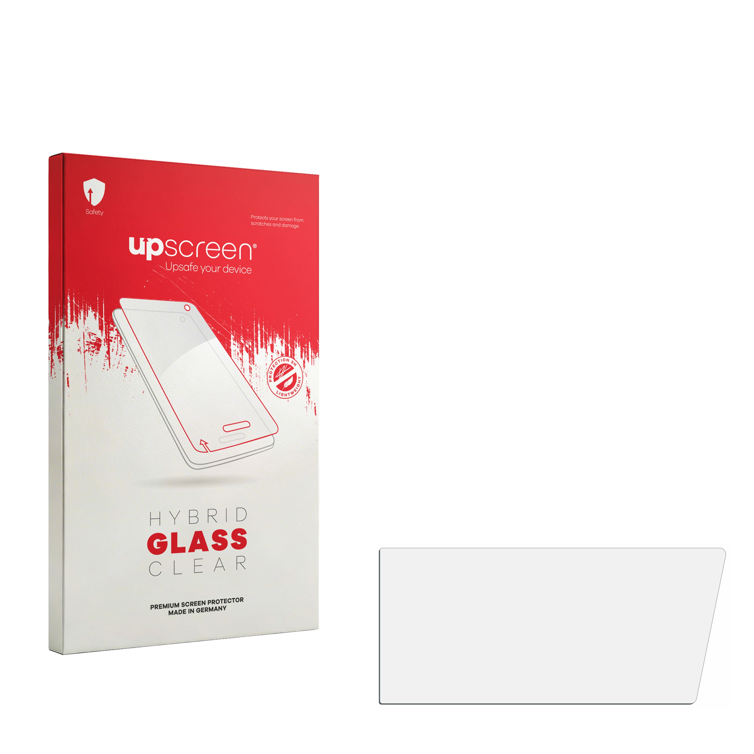 Rote Verpackung für Displayschutzfolie mit Handy-Abbildung, daneben Schutzfolie.