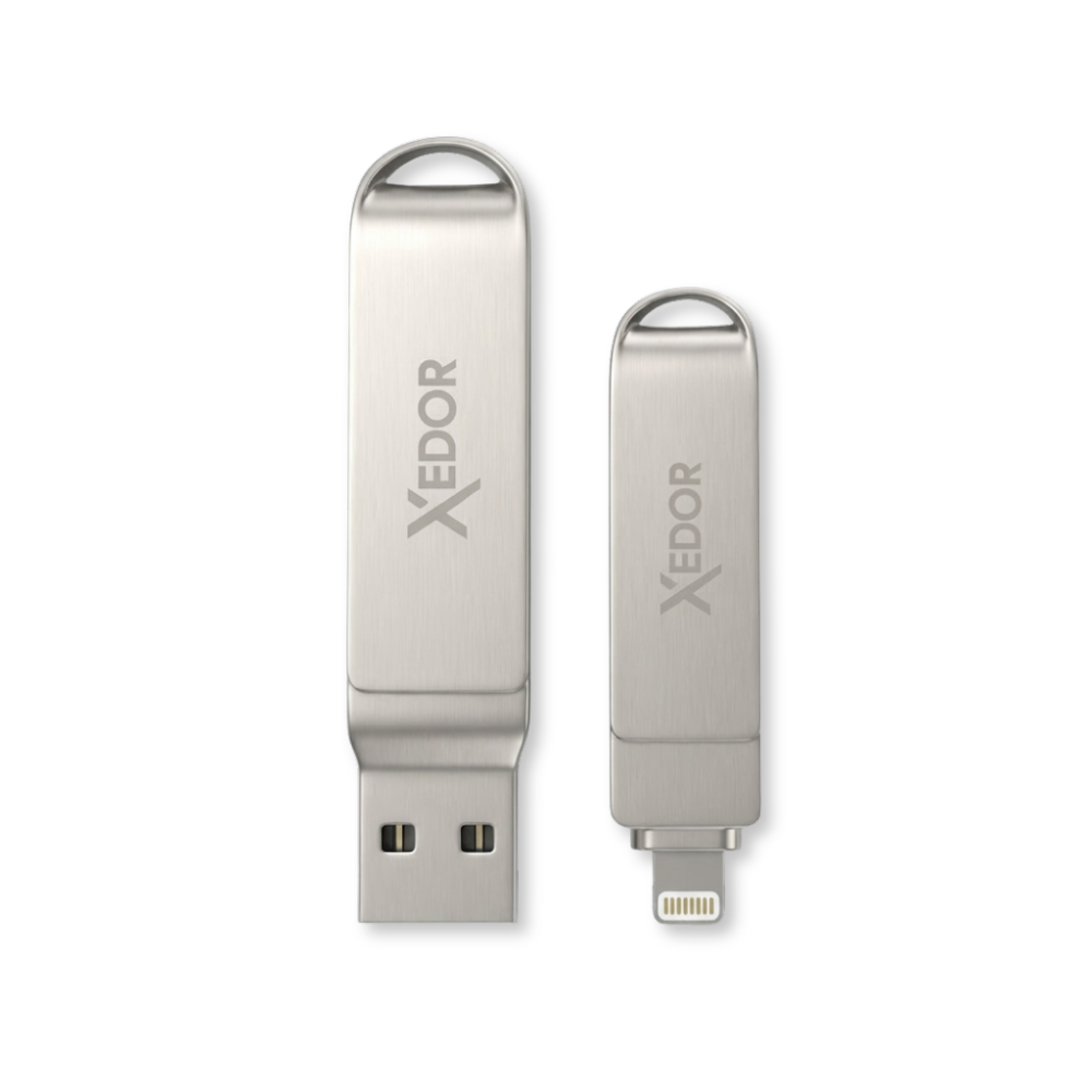 Two silver USB drives with 'Xedor' logo, one with USB-A, the other with Lightning connector.