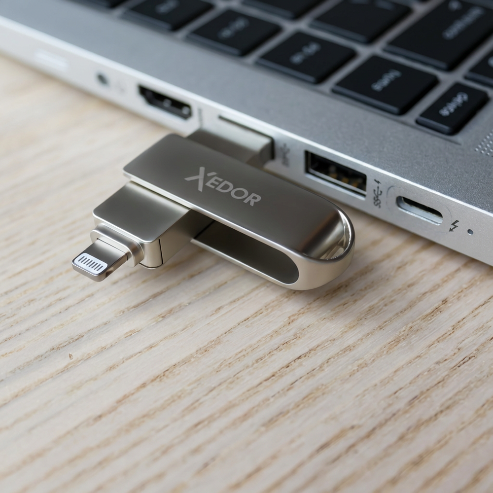 A silver XEDOR USB drive with a lightning connector is plugged into a laptop.