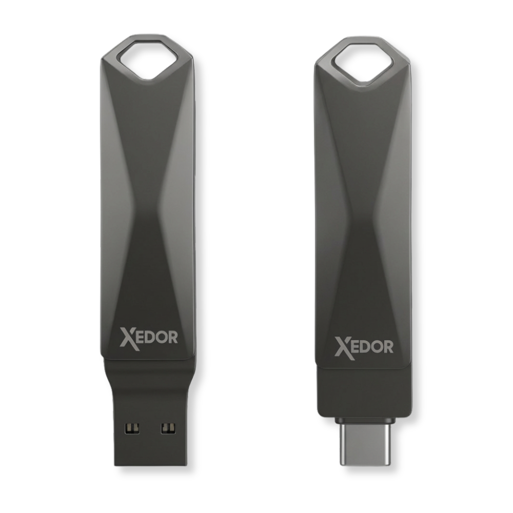 Two dark gray USB drives with Xedor logo. One has USB-A, the other USB-C.