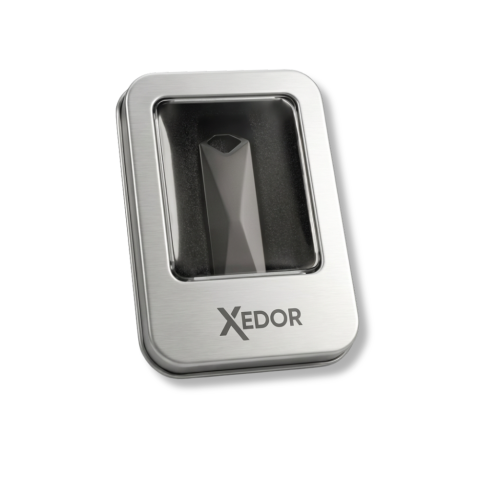 A silver rectangular case with a dark, faceted object inside.