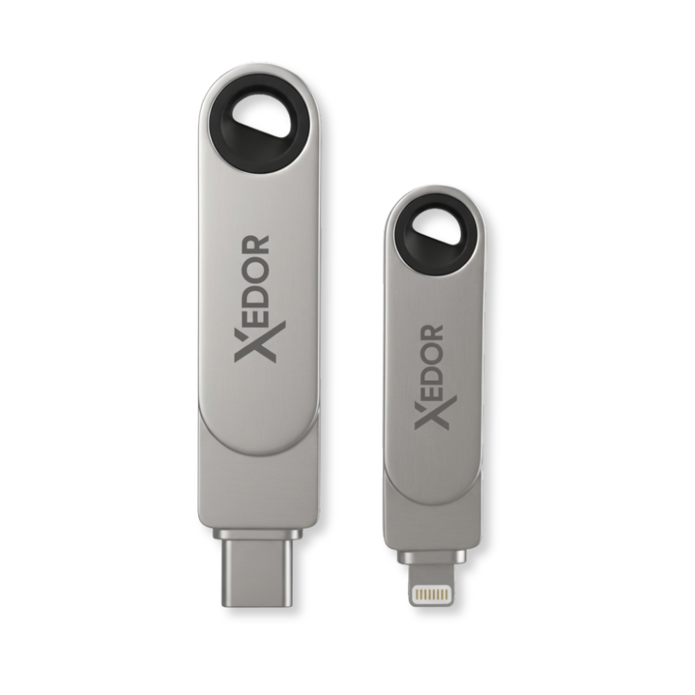 Two silver USB drives, one with USB-C, the other with Lightning connector.
