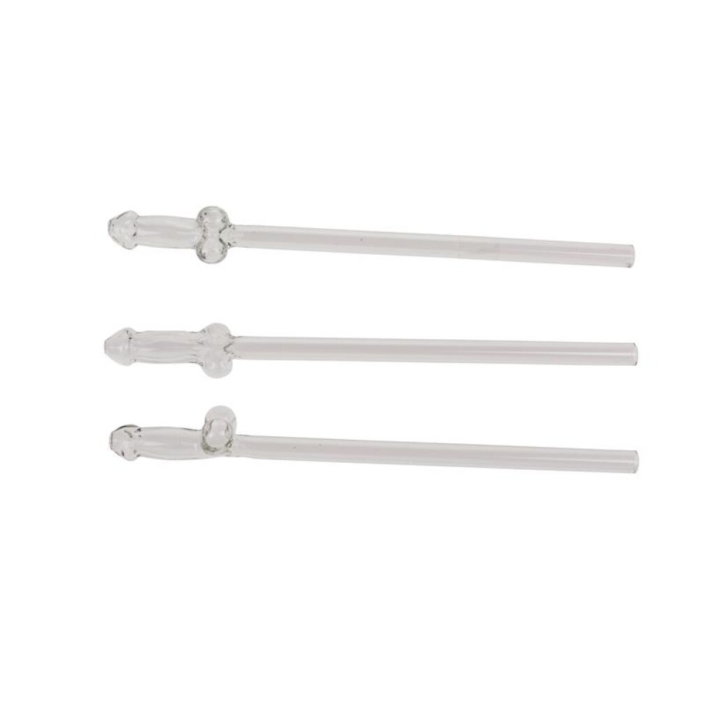 Drei durchsichtige Glasstrohhalme mit einem dekorativen, glübirnenförmigen Ende, horizontal angeordnet.