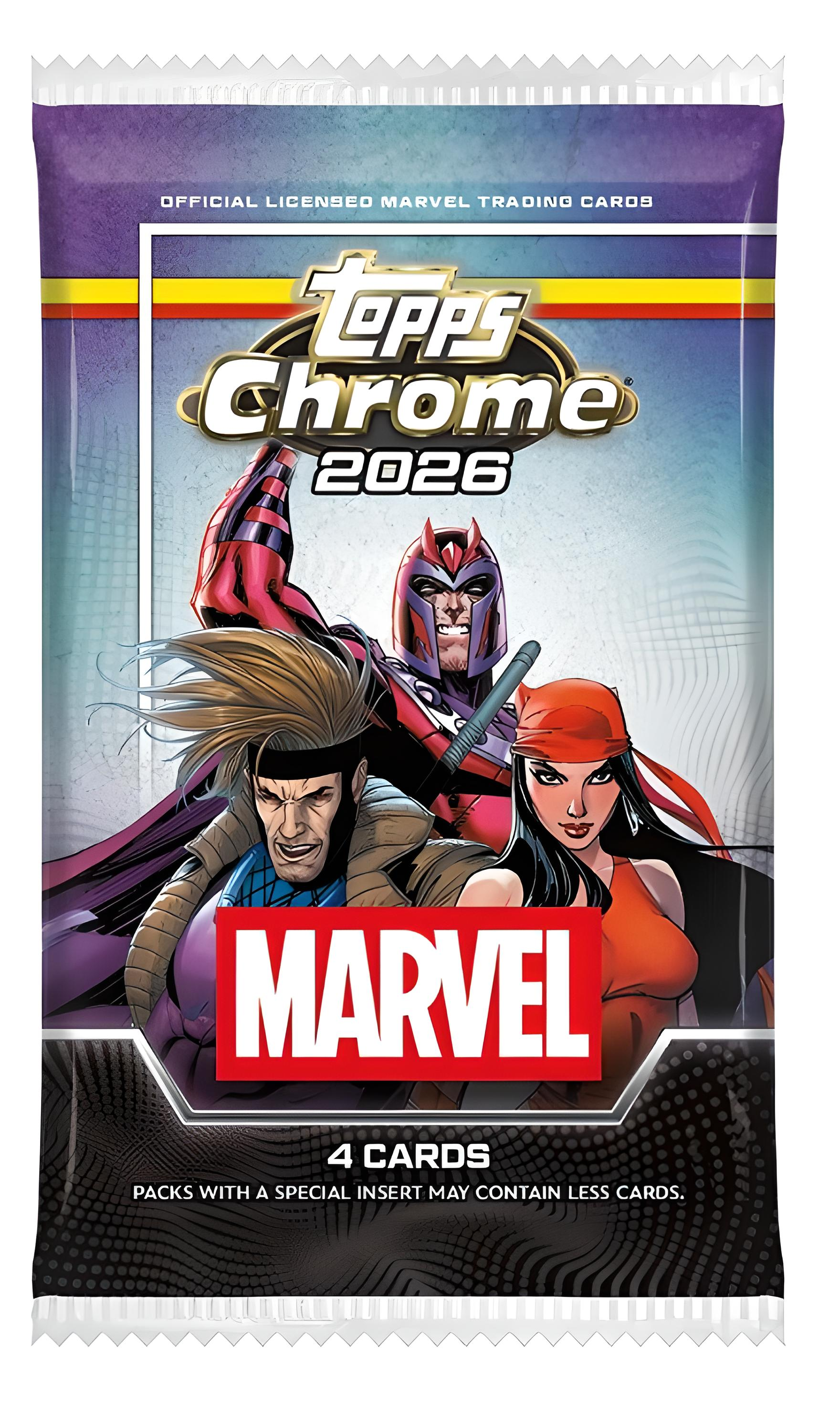 Topps Chrome 2026 Marvel-Sammelkartenpackung mit Magneto, Gambit und Elektra.