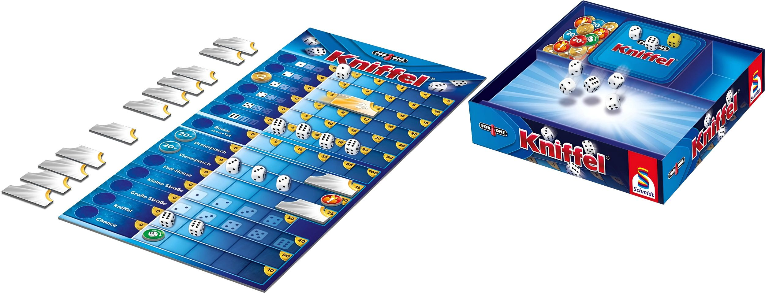 Kniffel Spielbrett mit Würfeln, Chips und Anleitung. Blaue und weiße Farben.