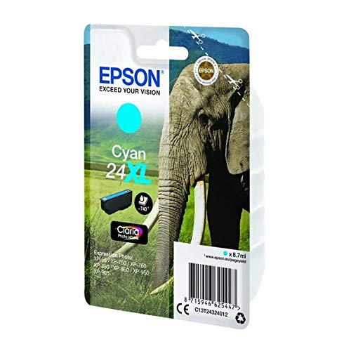 Confezione cartuccia inchiostro Epson Cyan 24XL con immagine elefante.