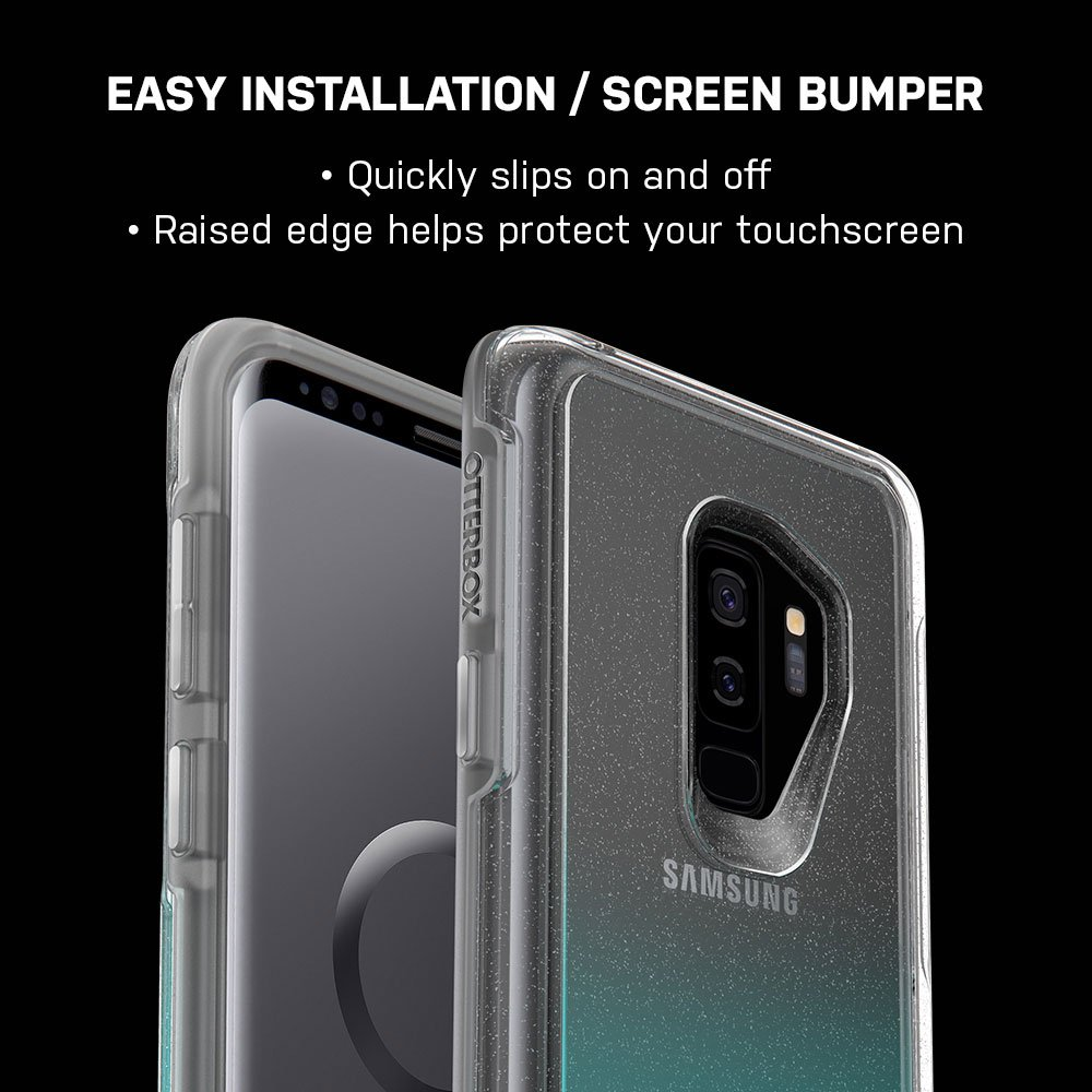Custodia Otterbox trasparente su telefono Samsung con glitter. Facile da mettere/togliere.