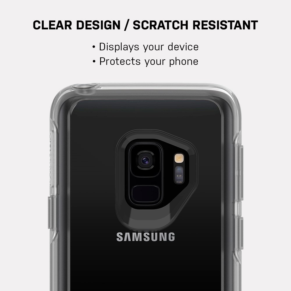 Retro di un telefono Samsung nero in una custodia protettiva trasparente.