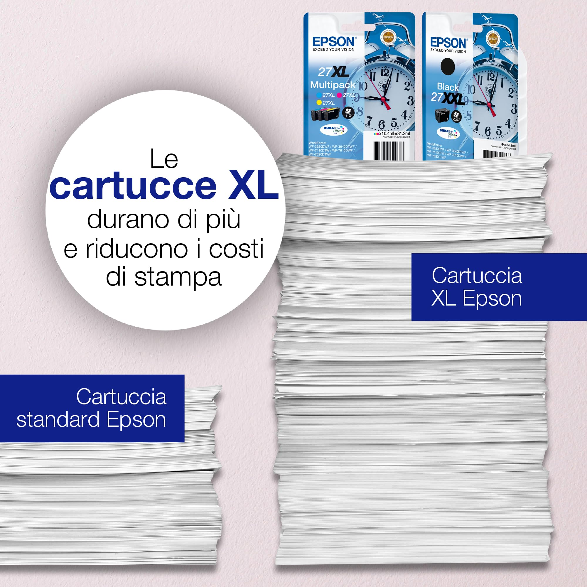Due confezioni di inchiostro Epson su pile di carta, una XL e una standard.