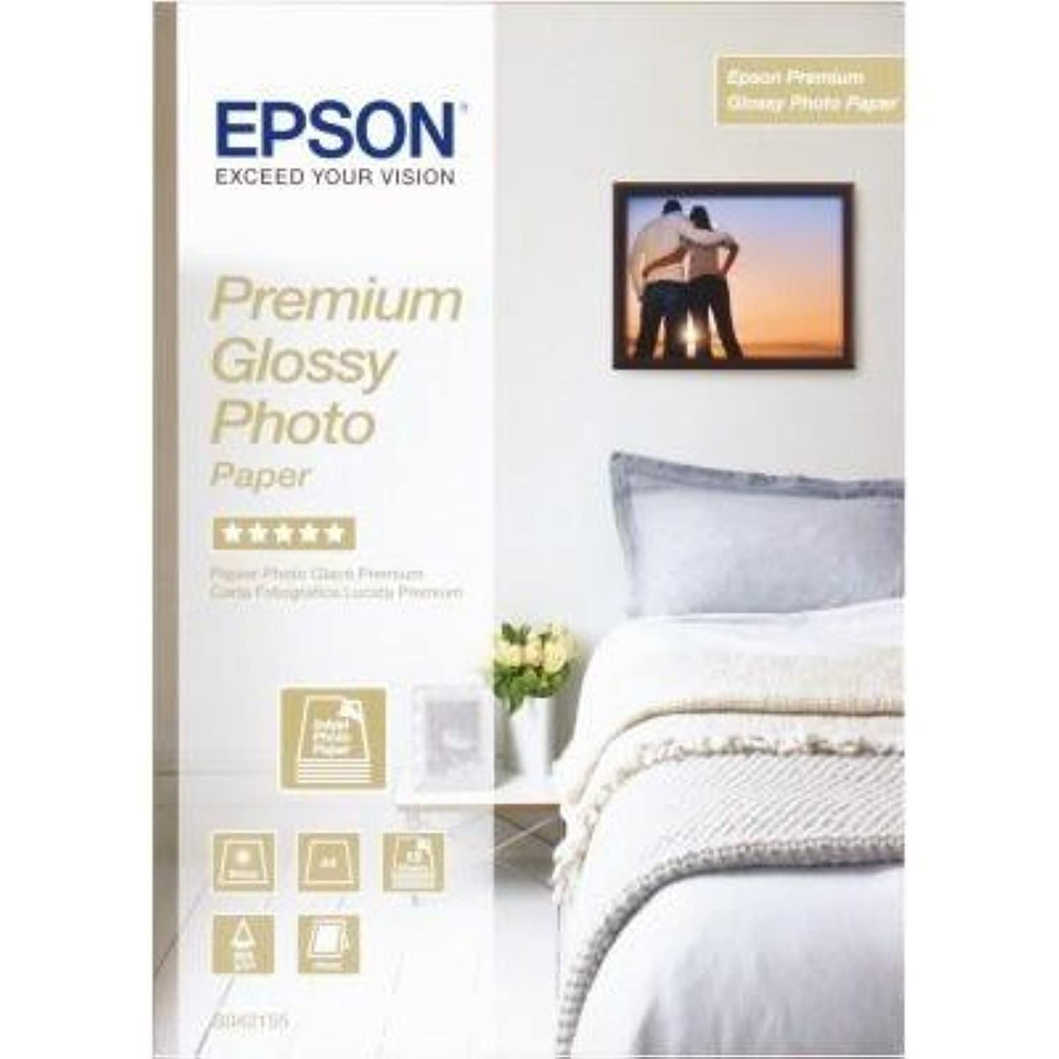 Confezione di carta fotografica lucida Epson Premium con letto e quadro.