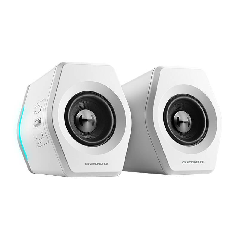 Two white G2000 speakers with black drivers and blue lighting.
