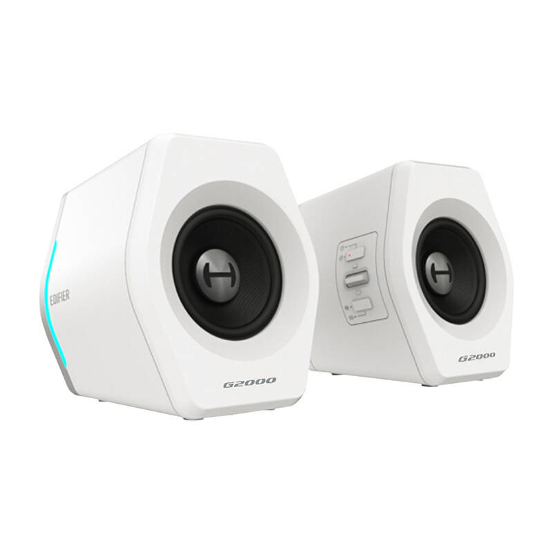 Two white speakers with black cones and silver accents. G2000 label.