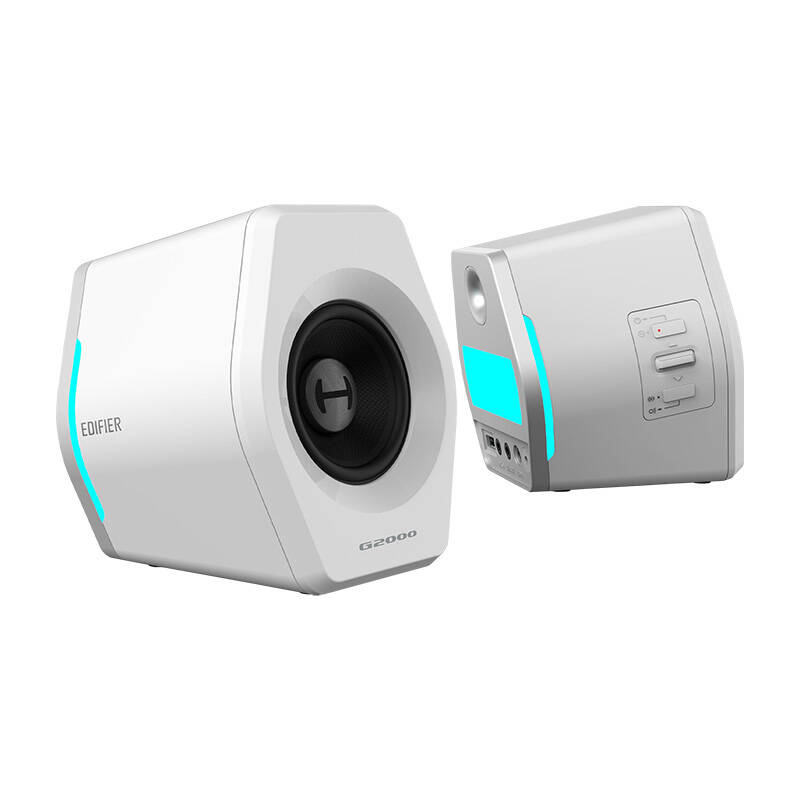 Two white Edifier G2000 speakers with blue LED accents. One shows the speaker cone.