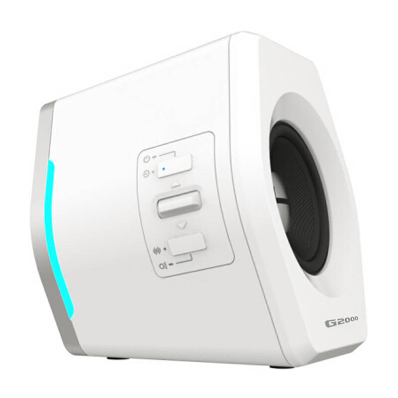 A white speaker with a control panel and blue lighting.