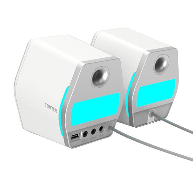 Two white speakers with blue accents and silver trim, connected by cables.