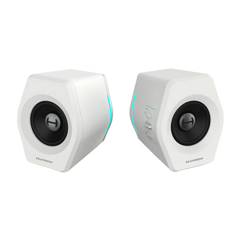 Two white, hexagonal speakers with black cones and blue light accents.