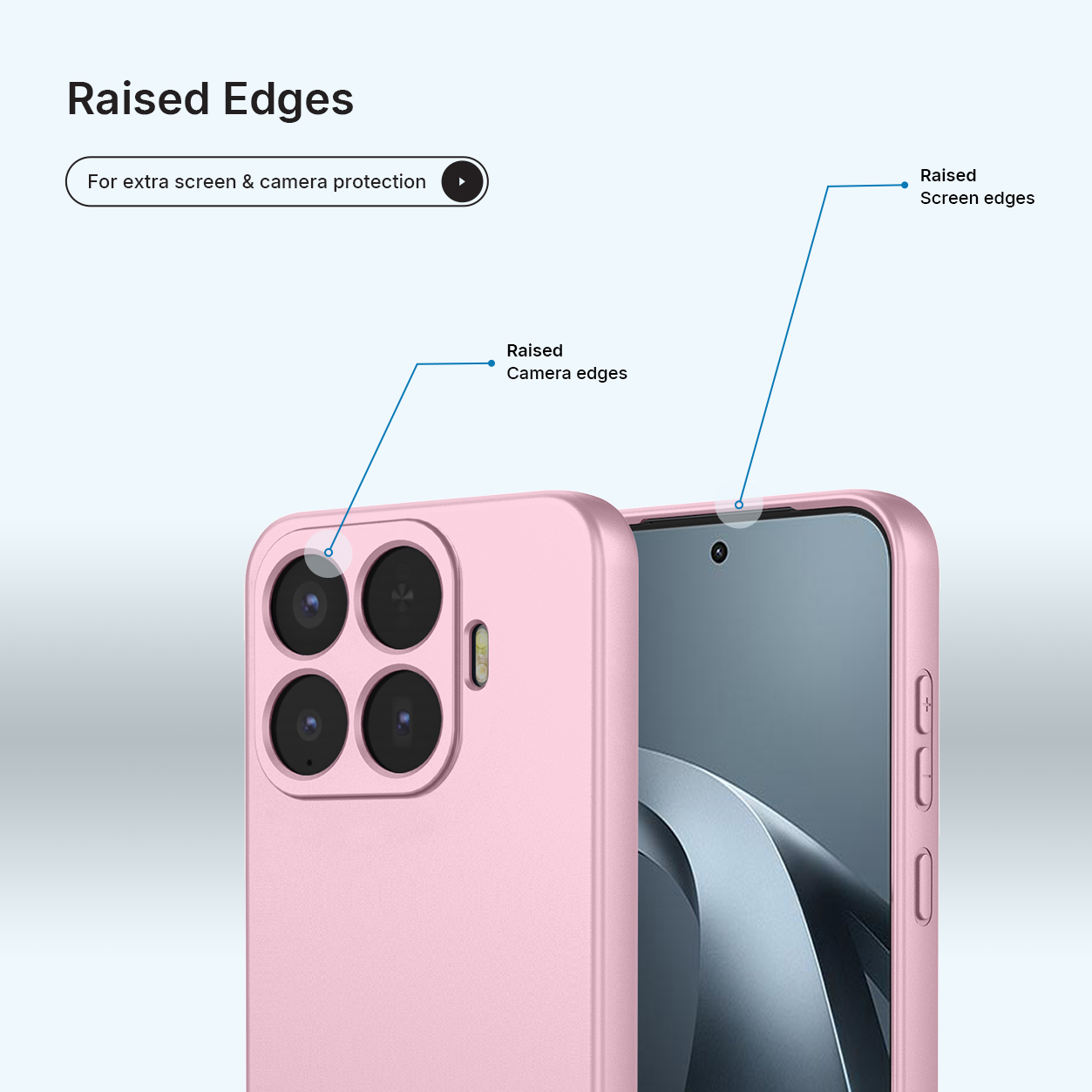 Un téléphone rose avec des bords surélevés pour la protection.