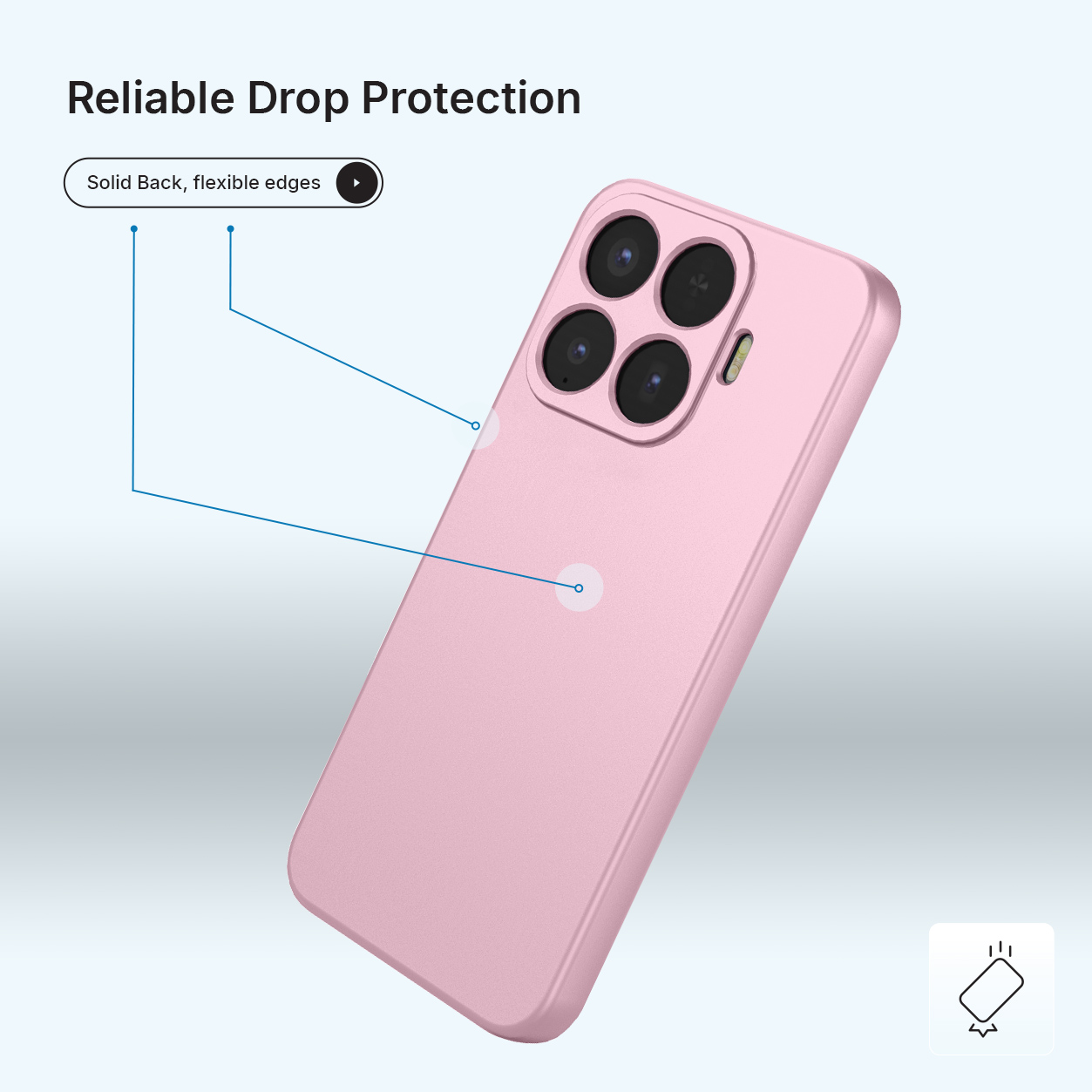 Une coque de téléphone rose avec quatre caméras et bords flexibles.