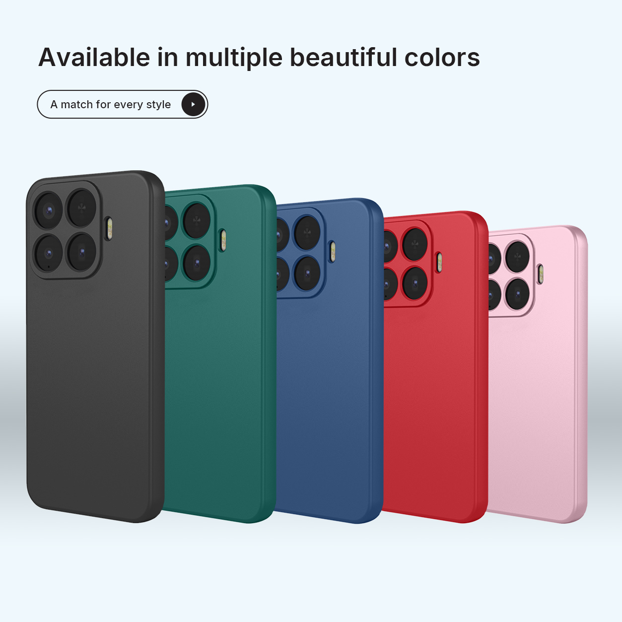 Cinq coques de smartphone noires, vertes, bleues, rouges et roses.