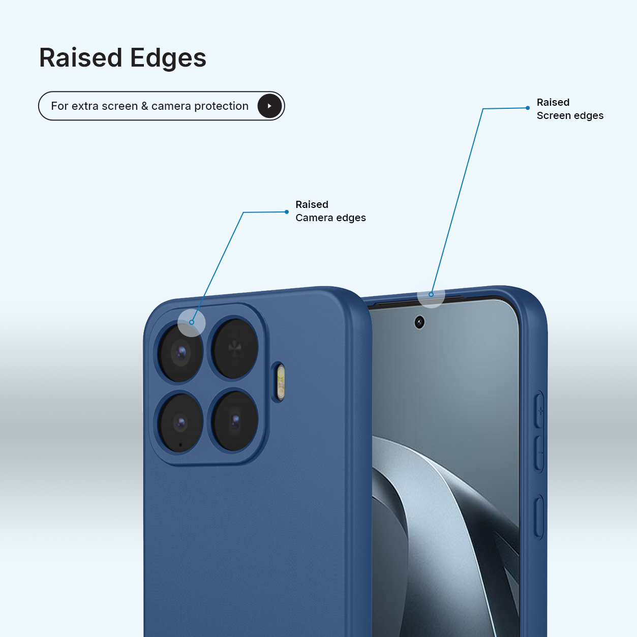 Coque de téléphone bleue avec bords surélevés pour protéger l'appareil photo et l'écran.