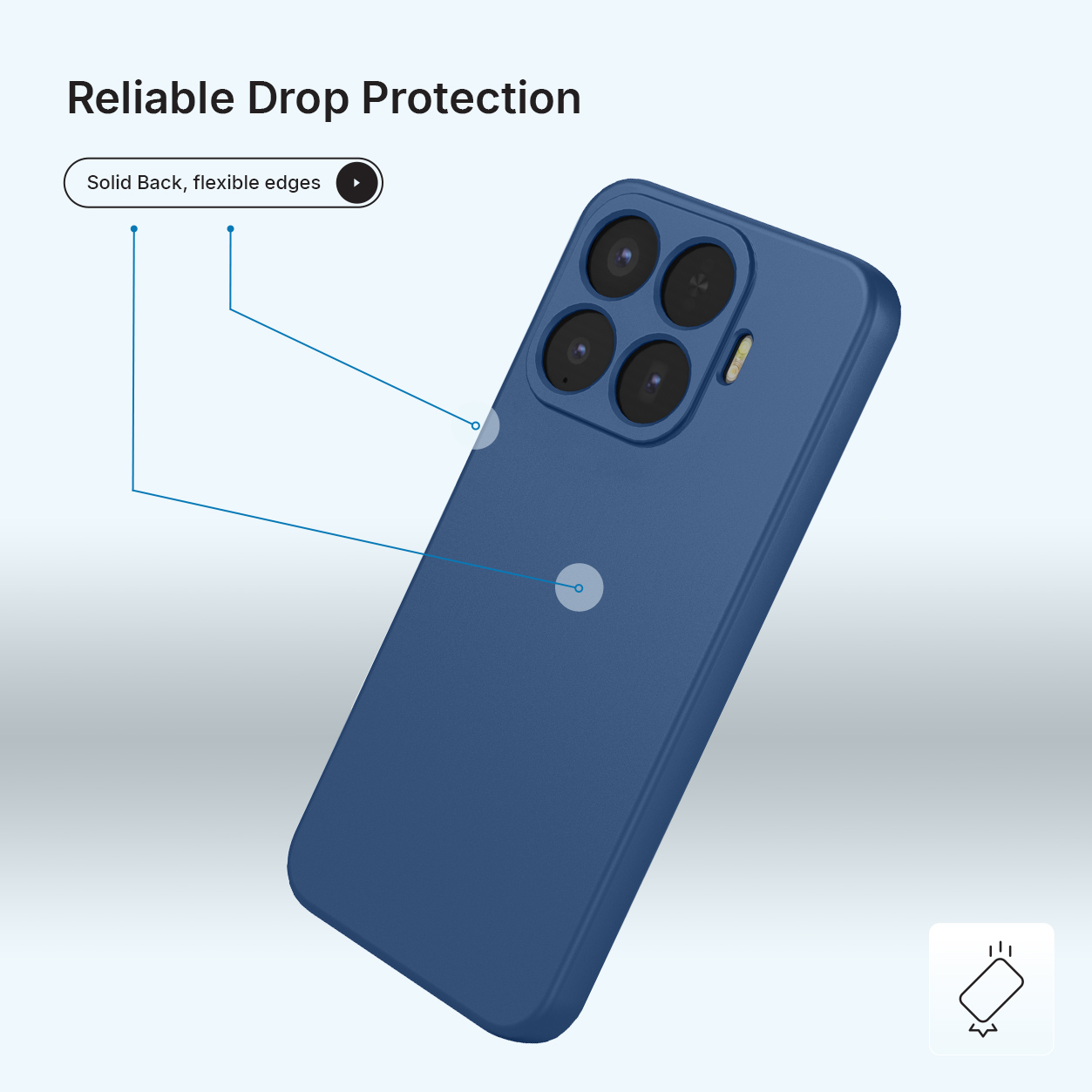 Une coque de téléphone bleue avec quatre objectifs et du texte.