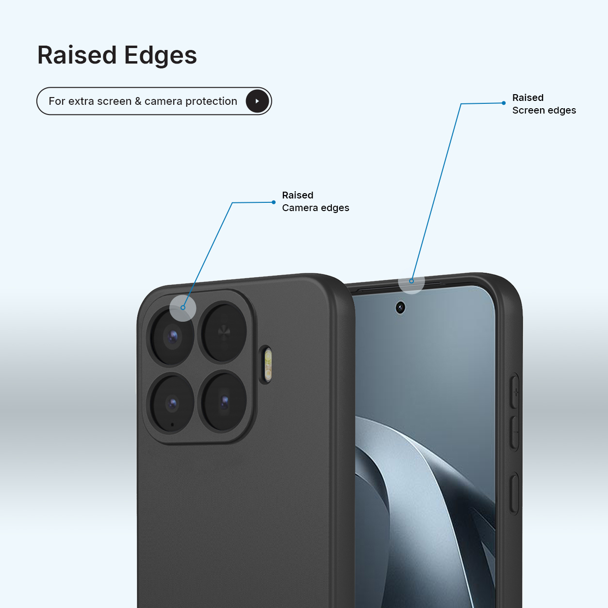 Coque de téléphone noire avec bords surélevés pour protéger appareil photo et écran.