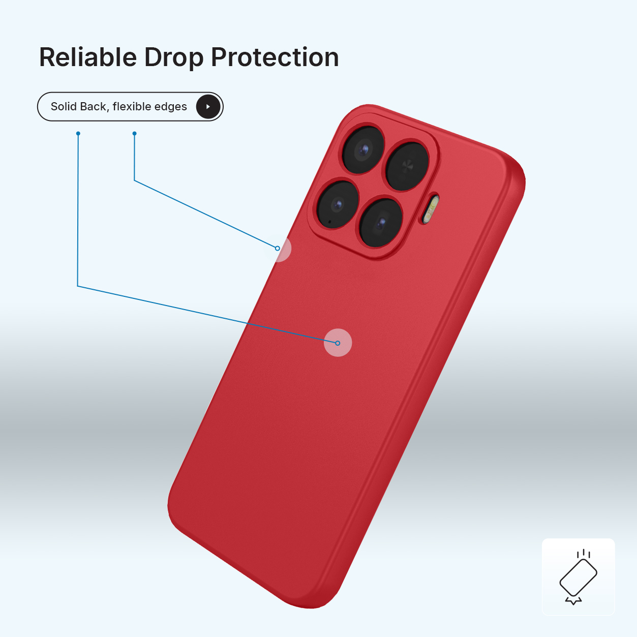 Coque de téléphone rouge avec quatre objectifs et bords souples.