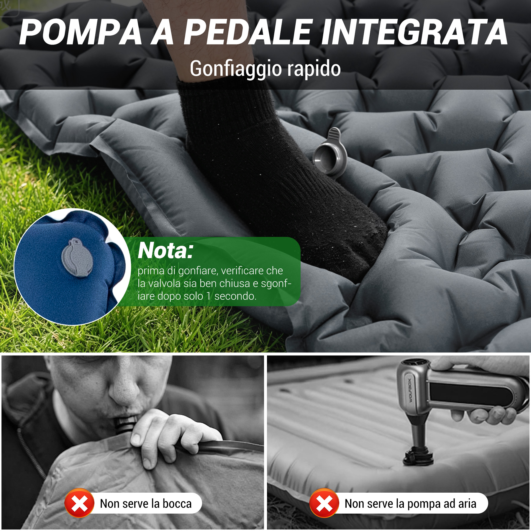 Pompa a pedale integrata per gonfiaggio rapido materassino. Mostra metodi di gonfiaggio.