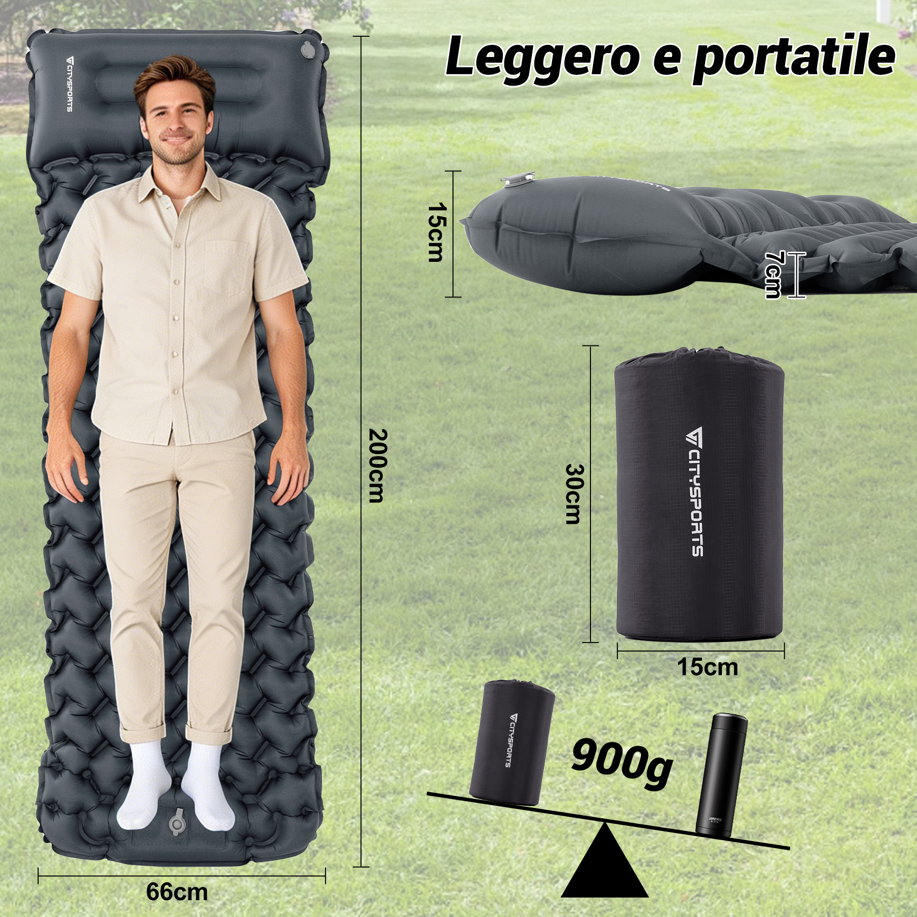 Uomo su materassino gonfiabile, 200x66cm. Mostra dimensioni arrotolato e peso 900g.