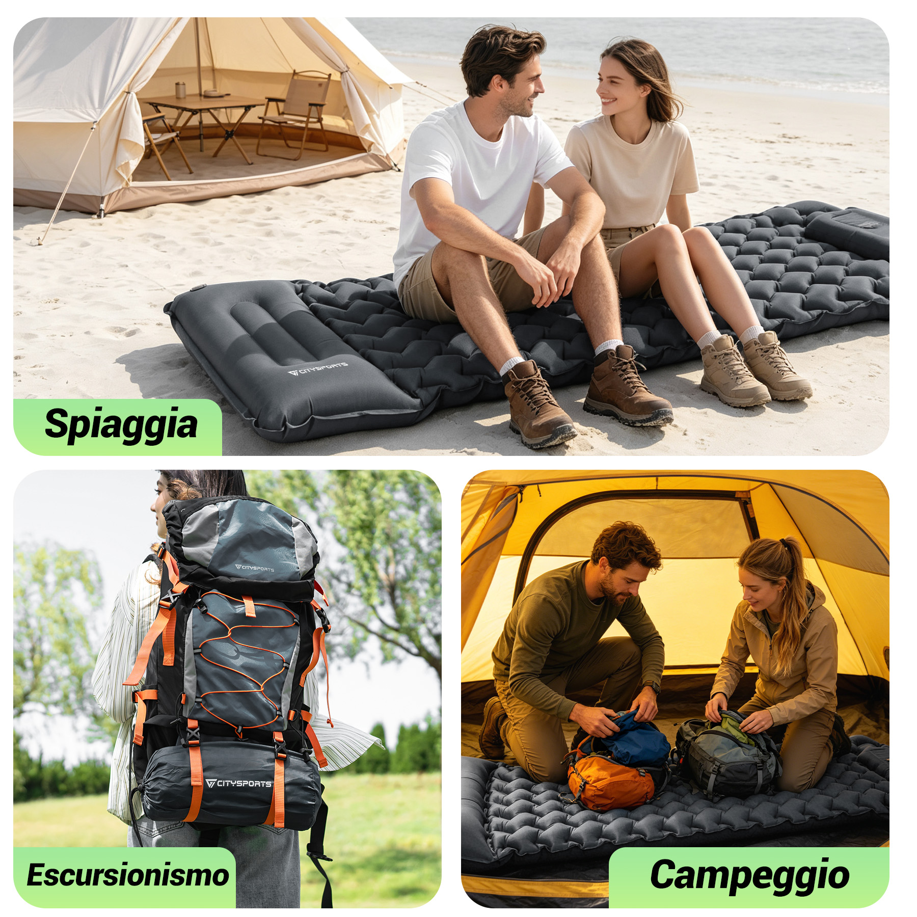 Coppia in spiaggia su materassino, tenda dietro. Zaino e coppia in tenda.