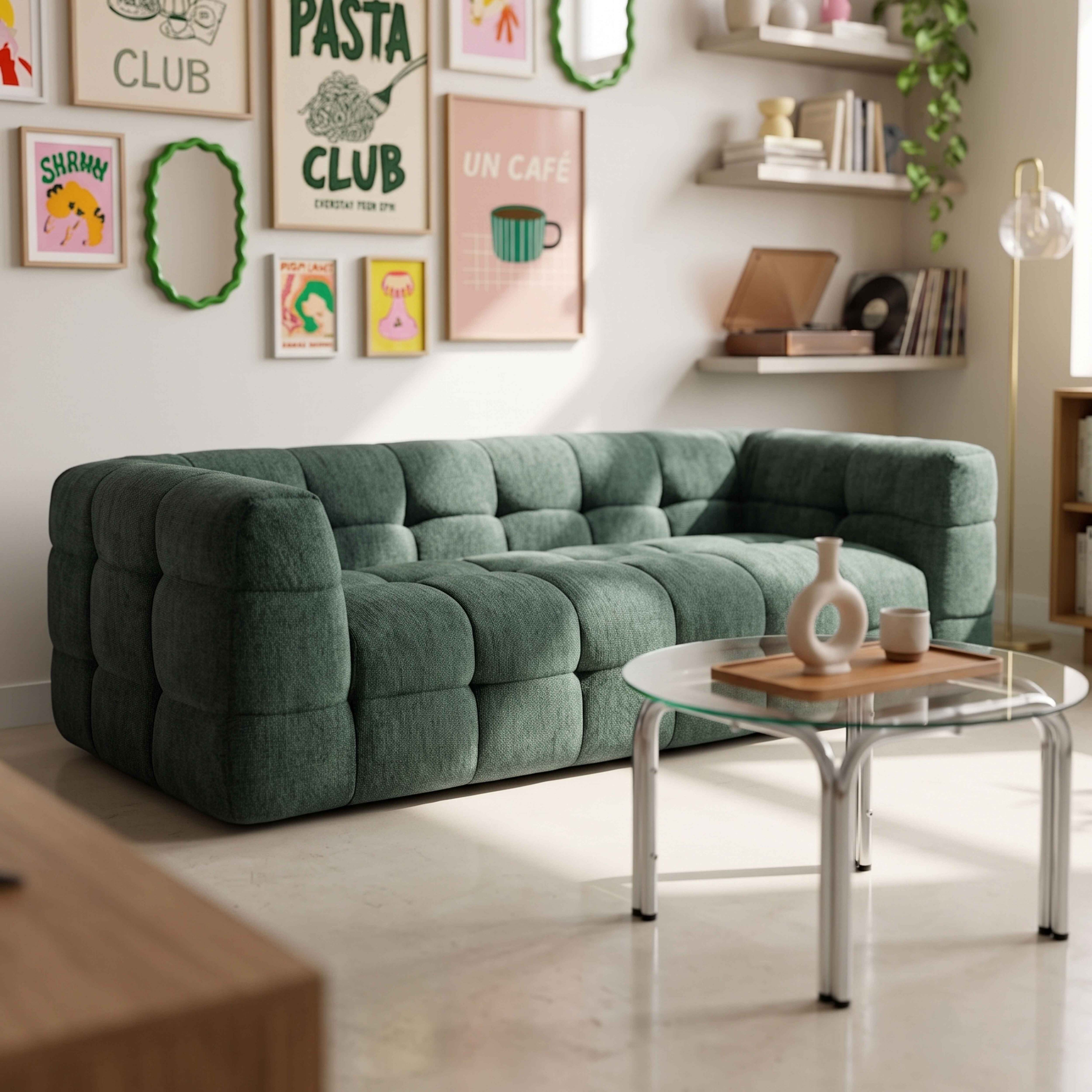 Grünes Sofa mit kariertem Muster, Glastisch mit Vase und Tasse, Bilder an der Wand.