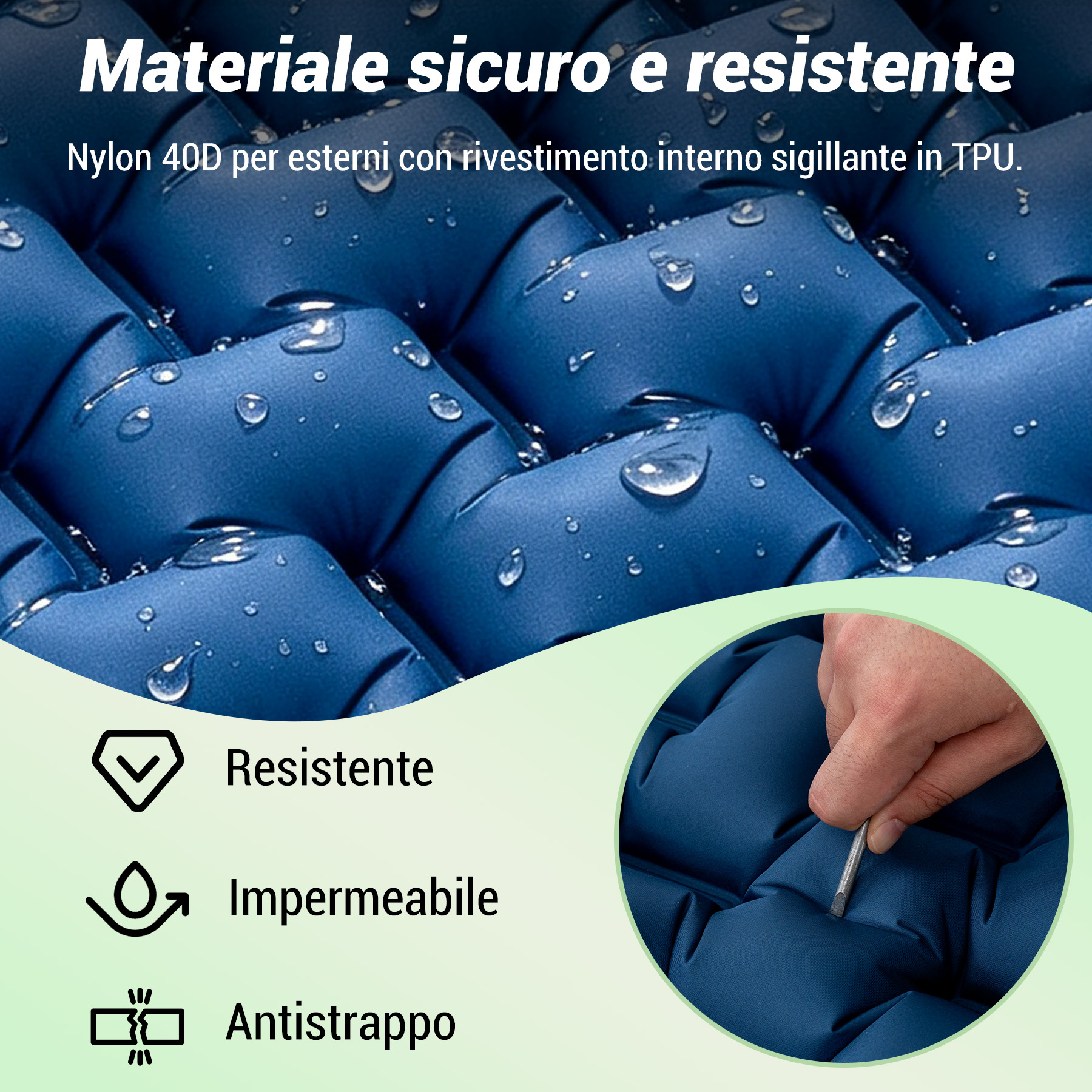 Materiale trapuntato blu con gocce d'acqua e testo.
