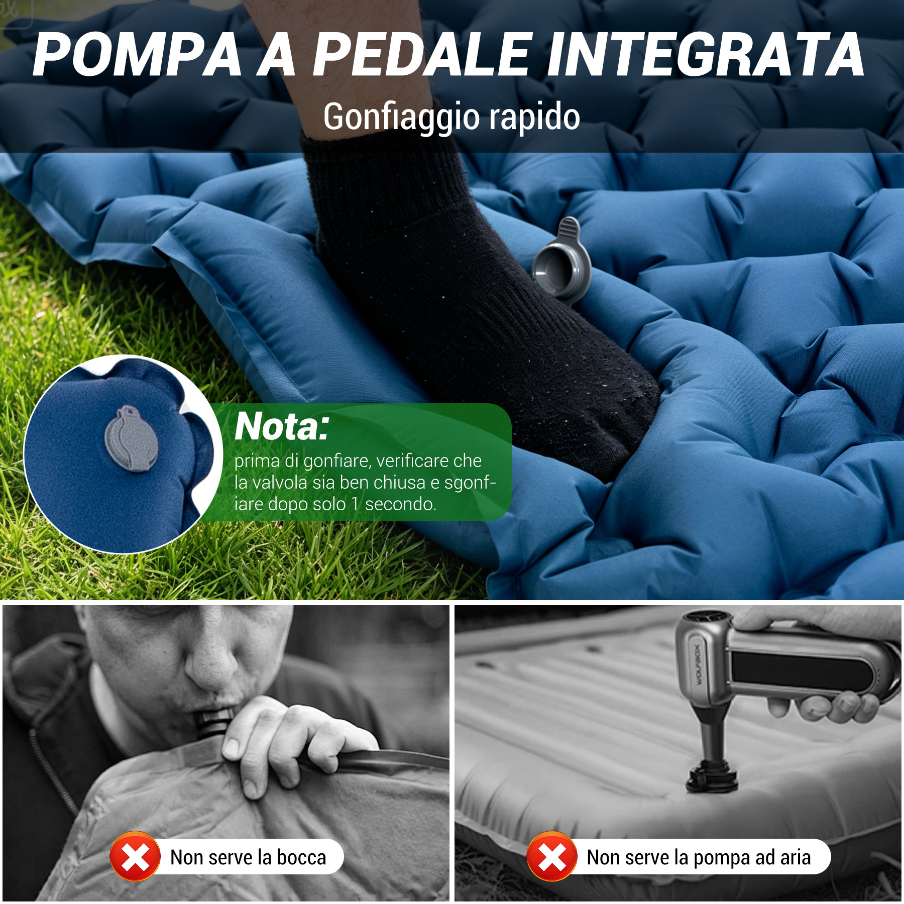 Materasso gonfiabile con pompa a pedale integrata, gonfiaggio rapido.