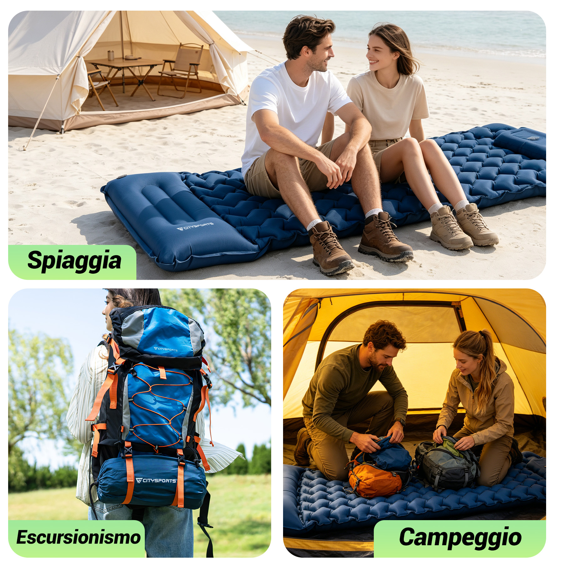 Coppia in spiaggia con tenda, e persone che preparano attrezzatura in tenda. Attività all'aperto.