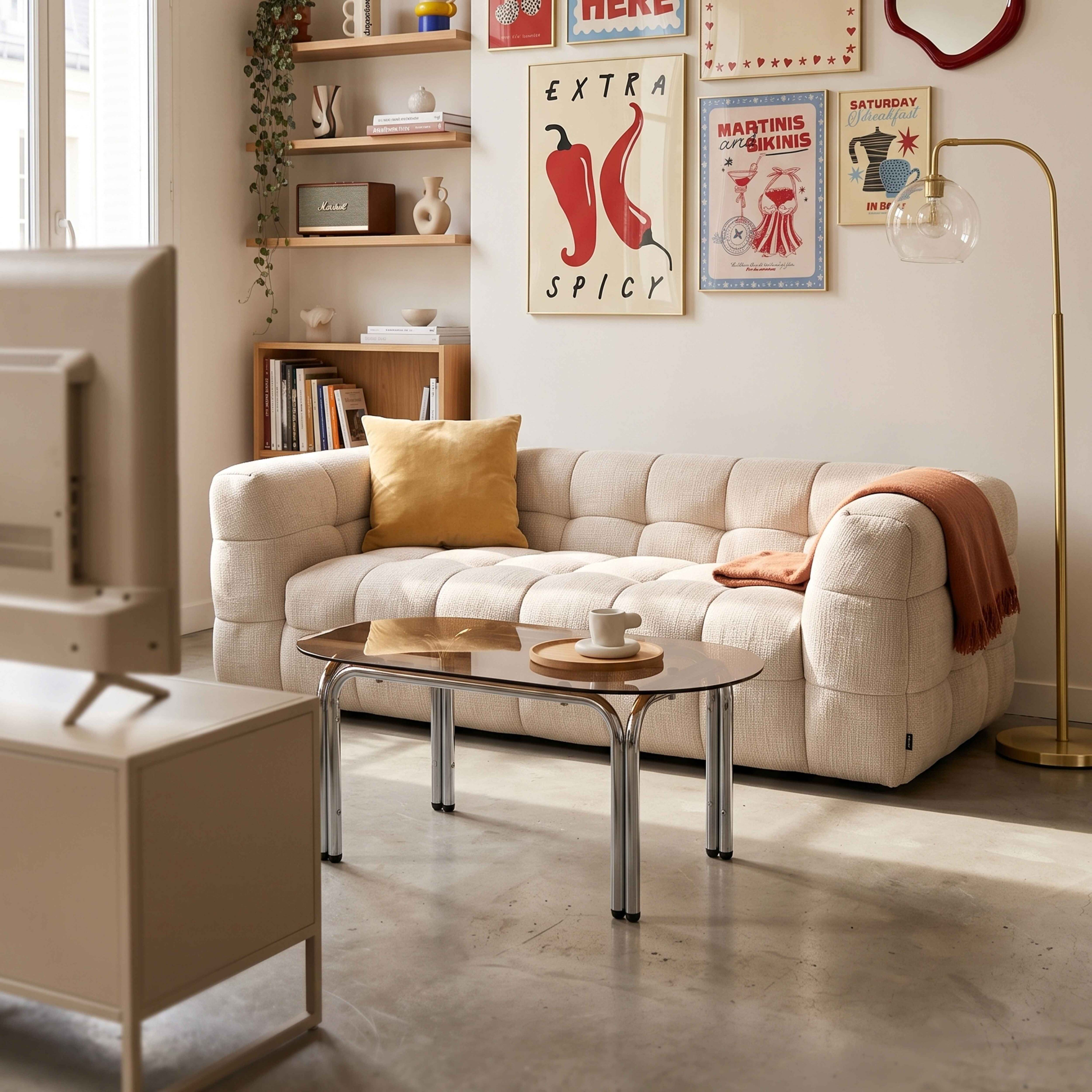 Ein helles Wohnzimmer mit Sofa, Couchtisch, Fernseher und Kunst an der Wand.