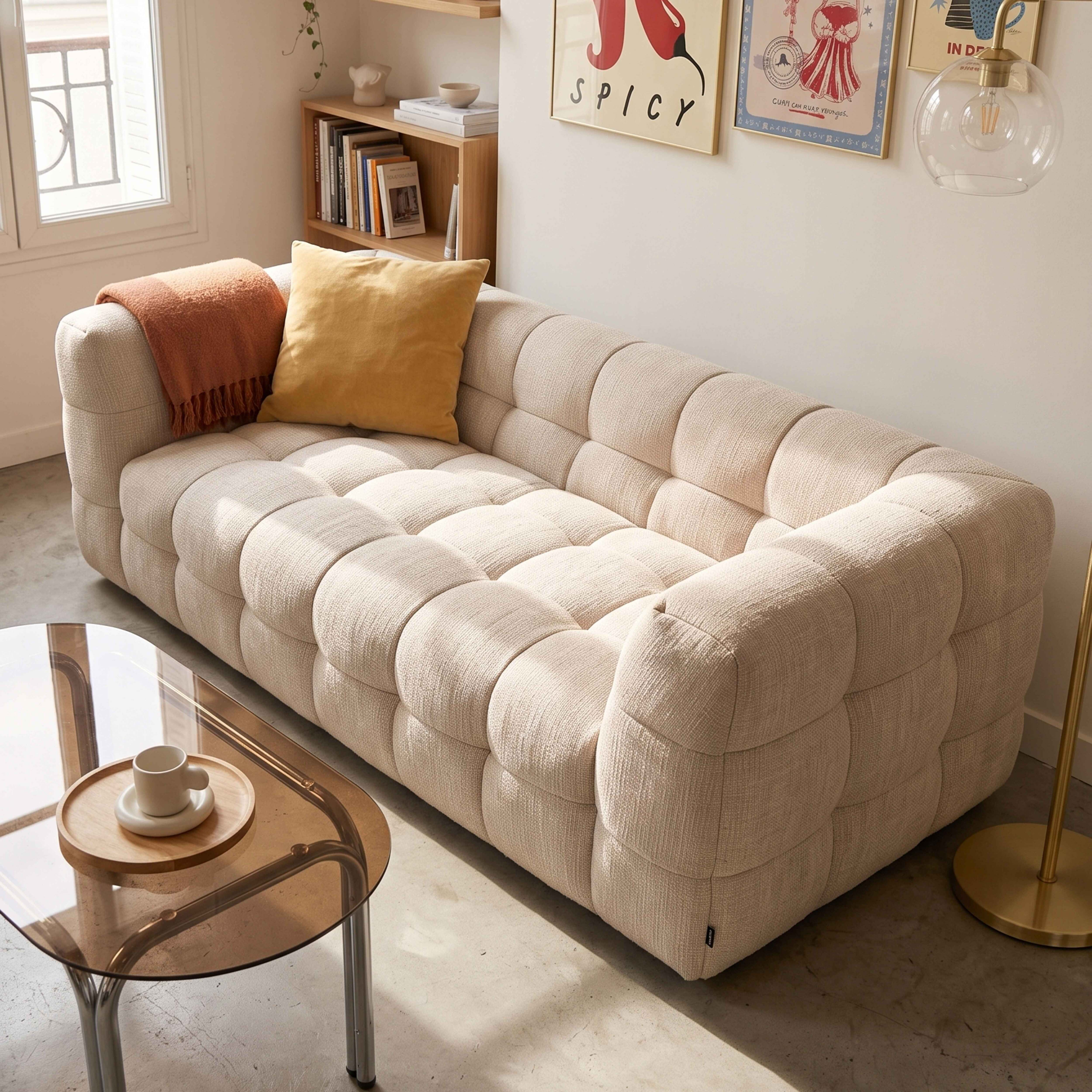 Ein beigefarbener Tufting-Sofa mit Kissen und Decke, daneben ein Couchtisch.