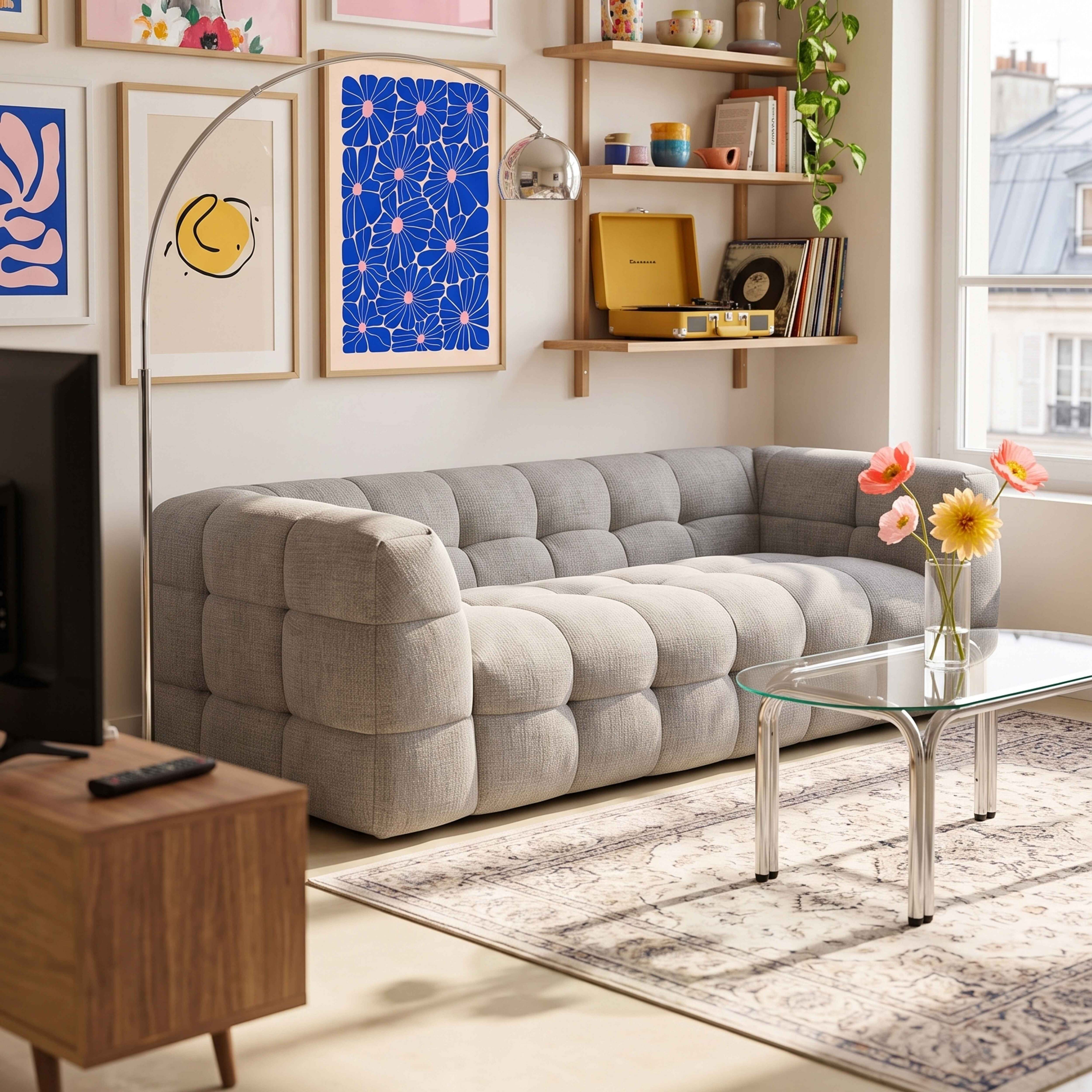 Graues Sofa mit Glascouchtisch, Kunst und Lampe in einem hellen Raum.