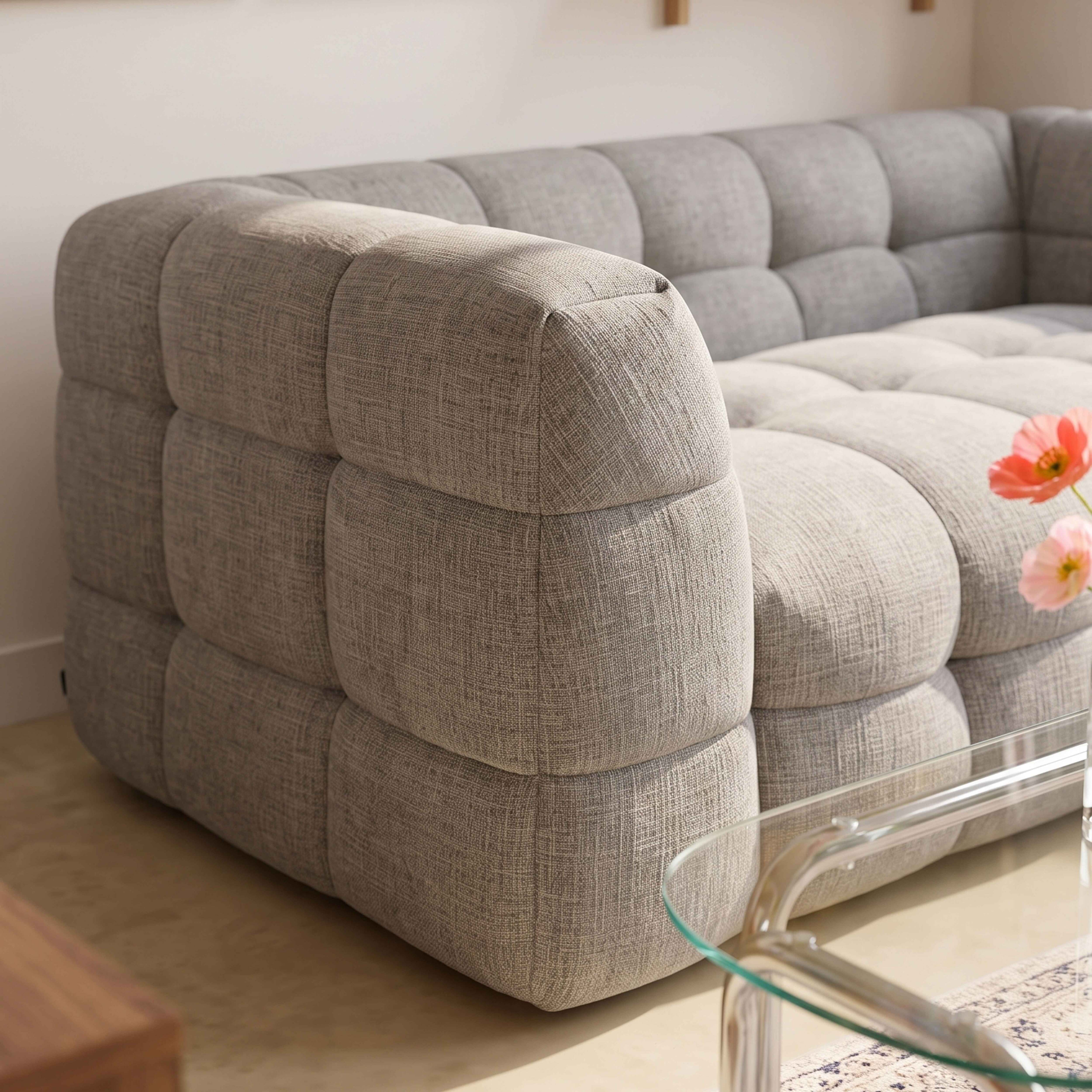 Grauer Stoffsofa mit Rautenmuster, Nachttisch und Blumen auf Glascouchtisch.