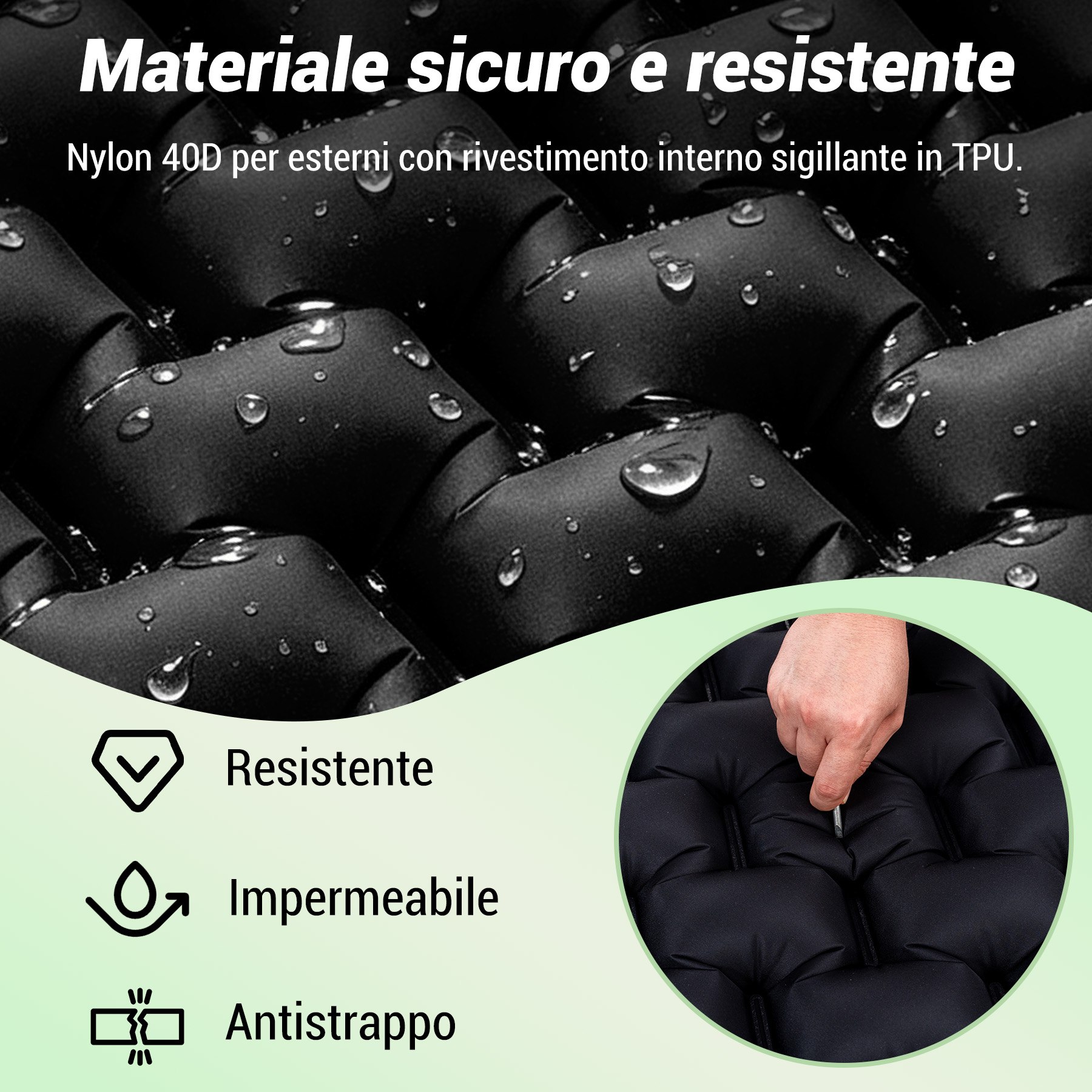 Superficie in nylon nera, impermeabile e resistente, con gocce d'acqua.