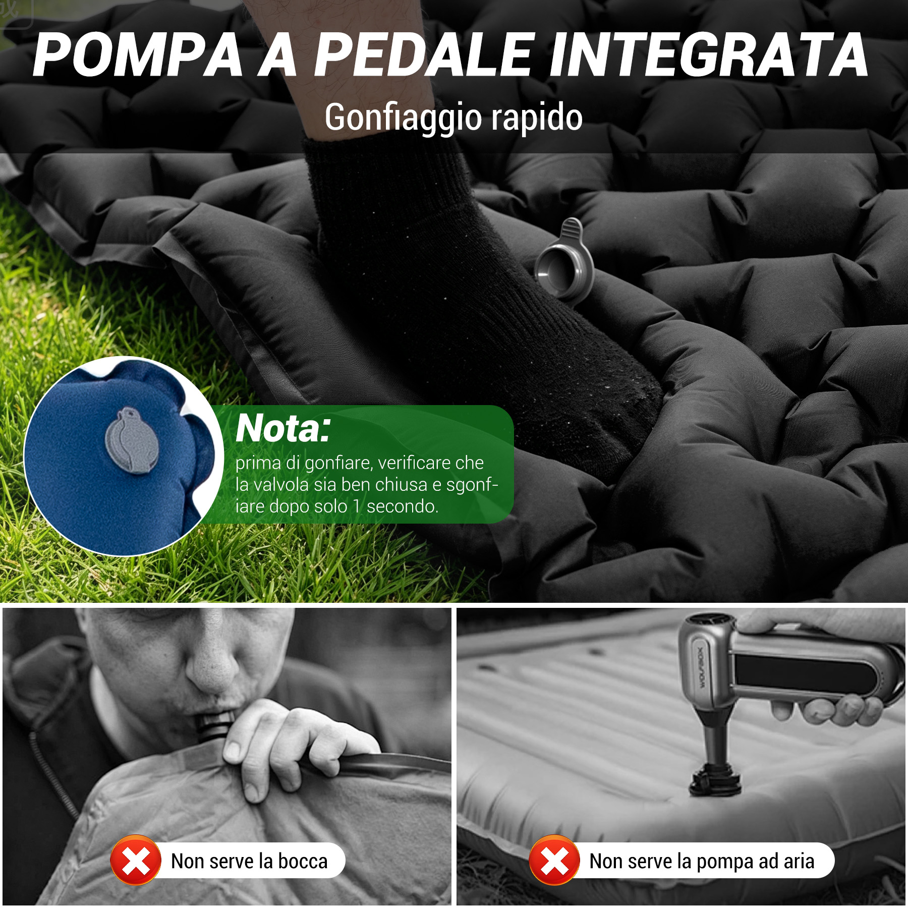 Pompa a pedale integrata. Gonfiaggio rapido. Non serve bocca o pompa aria.
