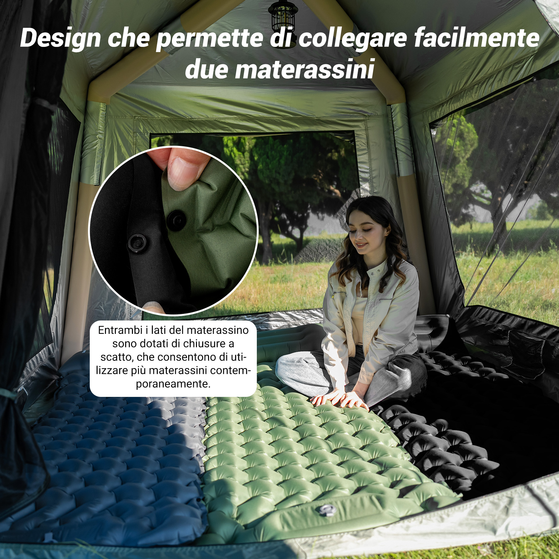 Una donna seduta su tre materassi gonfiabili collegati all'interno di una tenda.