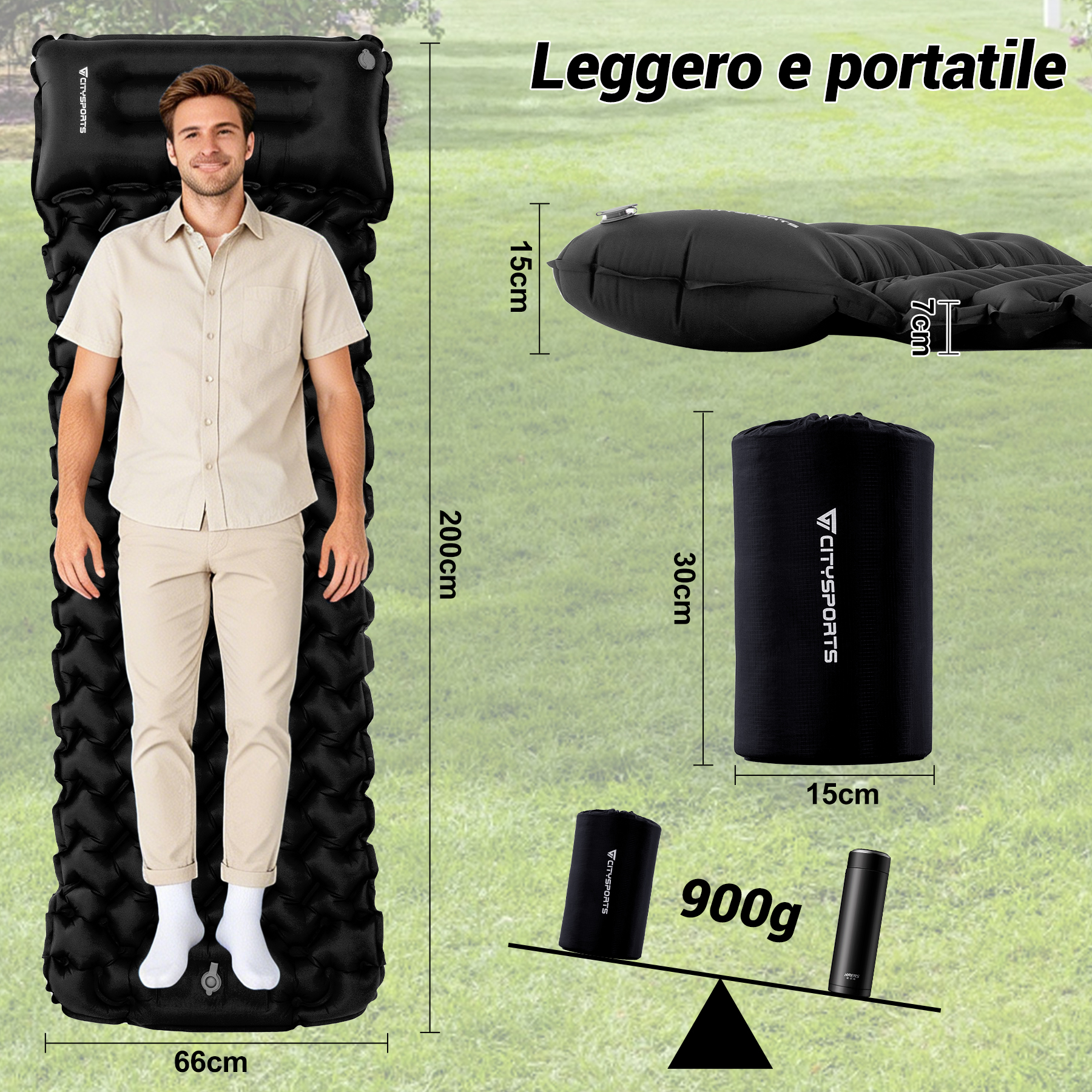 Un uomo su un materasso gonfiabile. Accanto, materassini imballati e pesi.